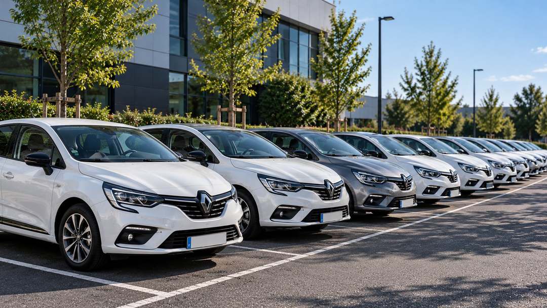 Rangée de voitures de société blanches et grises garées sur le parking d’un immeuble de bureaux