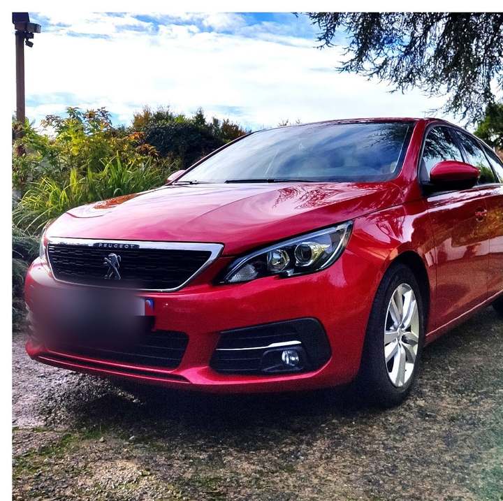 Peugeot 308 rouge vue de trois quarts avant, carrosserie brillante, devant une haie
