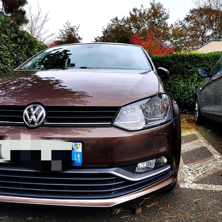 Volkswagen Polo marron vue de face sur un parking bordé de haies